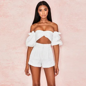 

2020 New Celebrity Party 2 Two Piece Set Playsuits Women Off The Shoulder Short Sleeve Top&Pants Sexy Night Club Sets Women