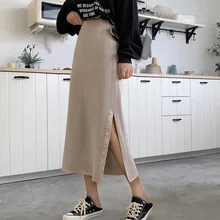 Casual Warm Knitted Autumn Winter Skirts Womens Solid Side Single Breasted High Waist Korean Long Skirts For Women Workwear