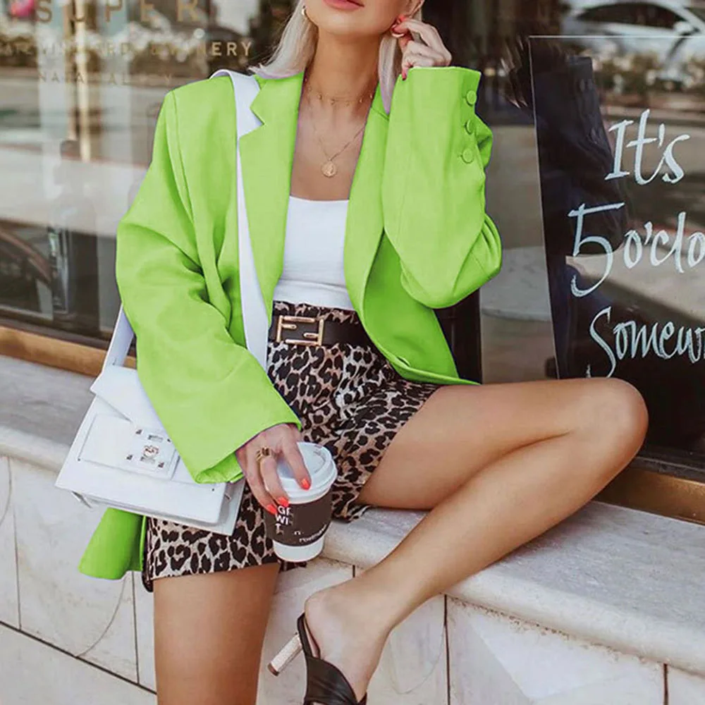 

Spring 2020 New Fashion Women's Loose Bold Color Casual Blazer Solid Black Green Single-Breasted Blazers Office Lady Work Wears