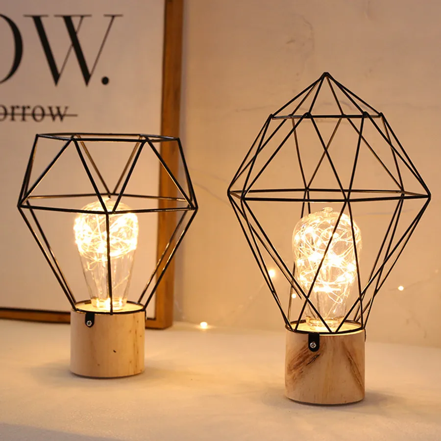 

Modern Wooden Base Table Lamp Iron Art Copper Wire Bulb Night Desk Lights Bedroom Bedside Reading Table Light For Christmas Gift