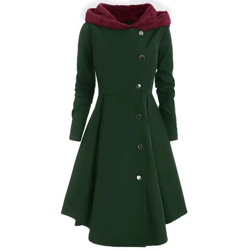 green-wine red Асимметричное контрастное длинное пальто с капюшоном размера плюс, женское осеннее пальто с открытой передней частью, винтажное пальто, элегантная верхняя одежда - Цвет: green-wine red