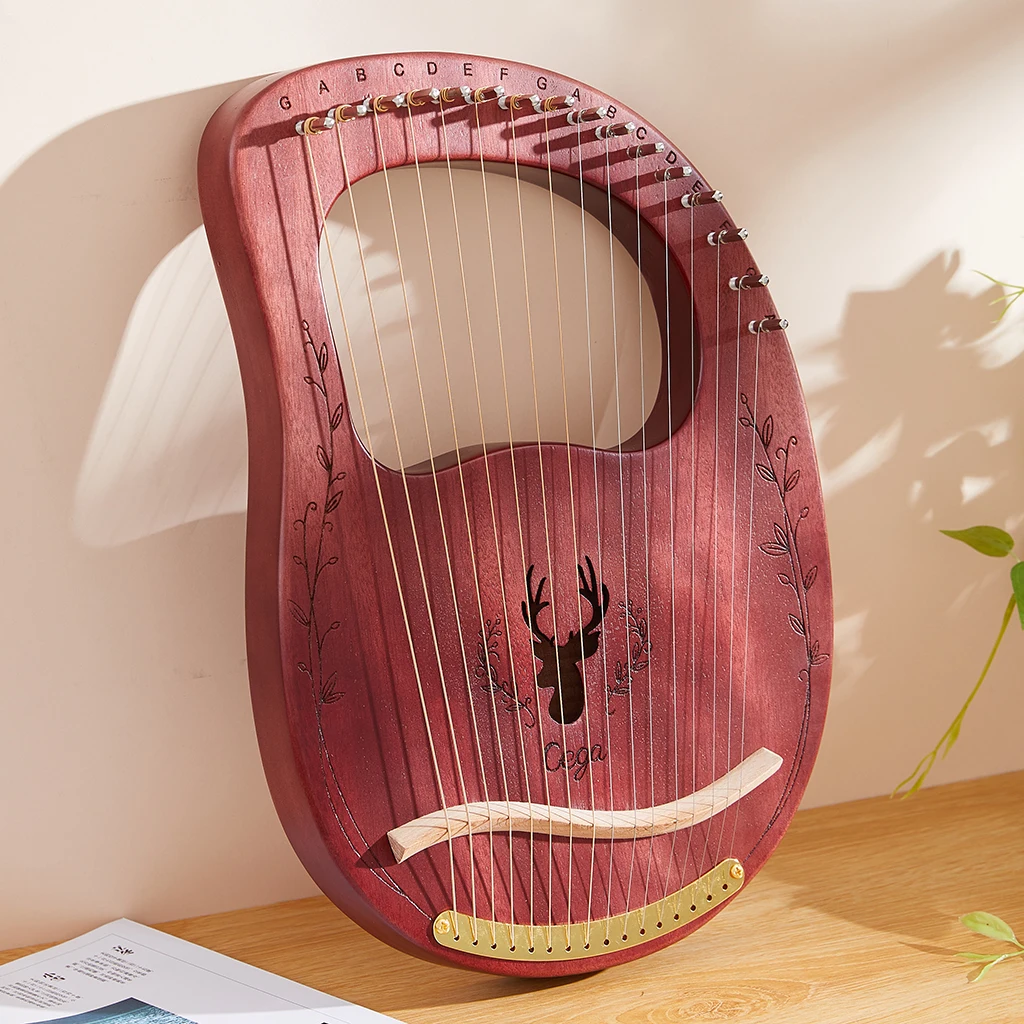 Lyre Harp 16 Strings Mahogany Wood Lye Harp with Tuning Hammer Carry Bag Instrument for Beginner