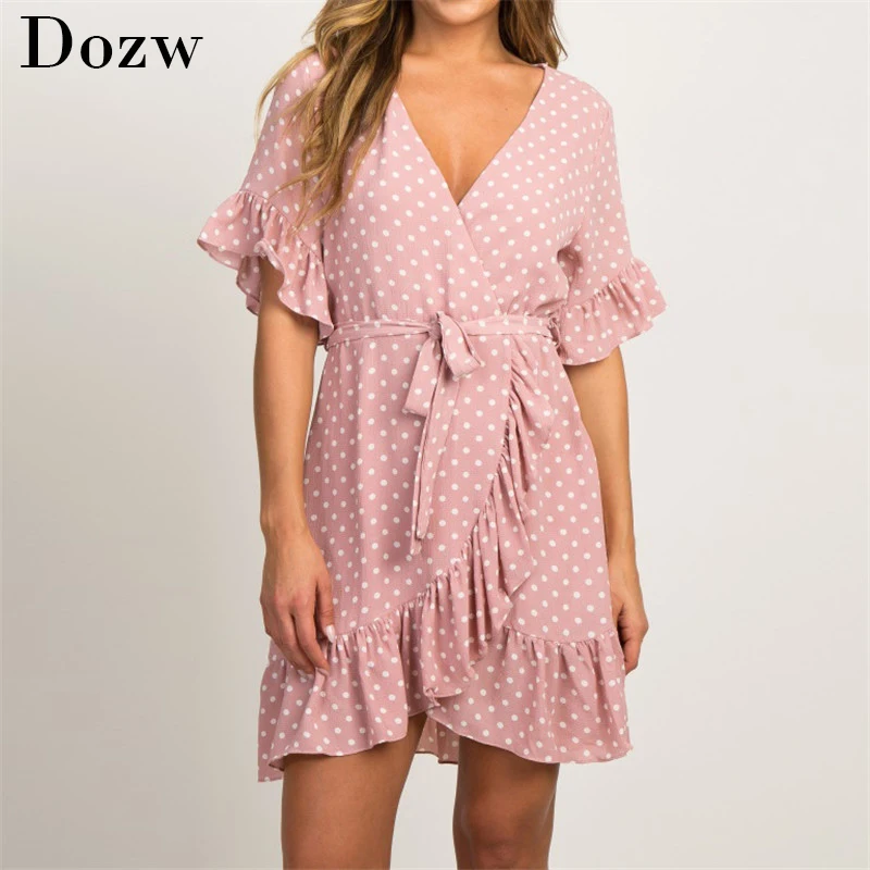 Summer Chiffon Dress 2020 Boho Style Beach Dress Fashion Short Sleeve V neck Polka Dot A line Party Dress Sundress Vestidos