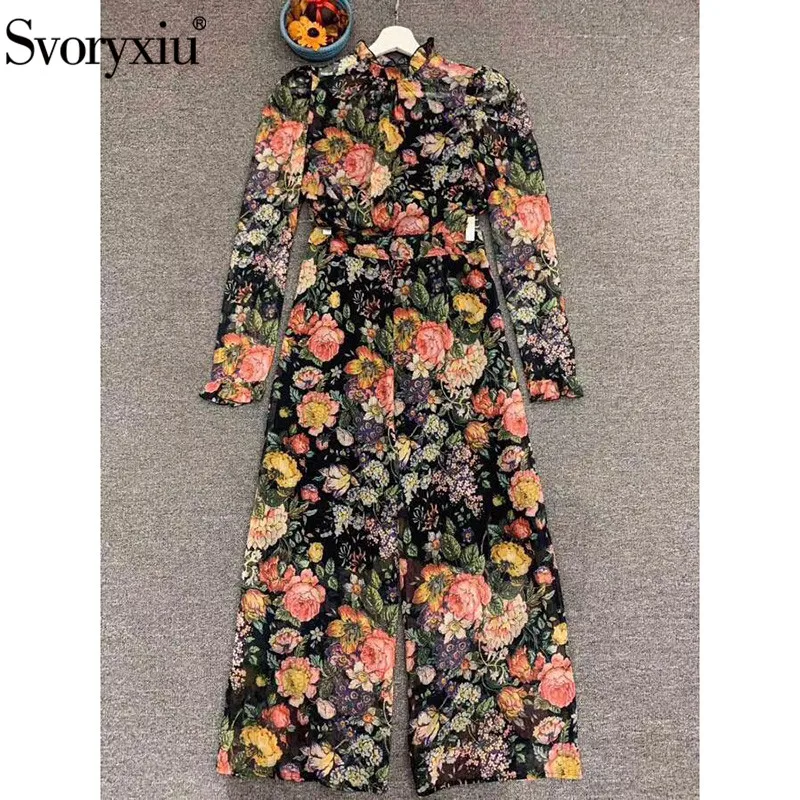 

Svoryxiu 2020 Women's Autumn Runway Elegant Flower Print Bohemian Pants Casual Suits Puff Sleeve Blouse + Pants Set