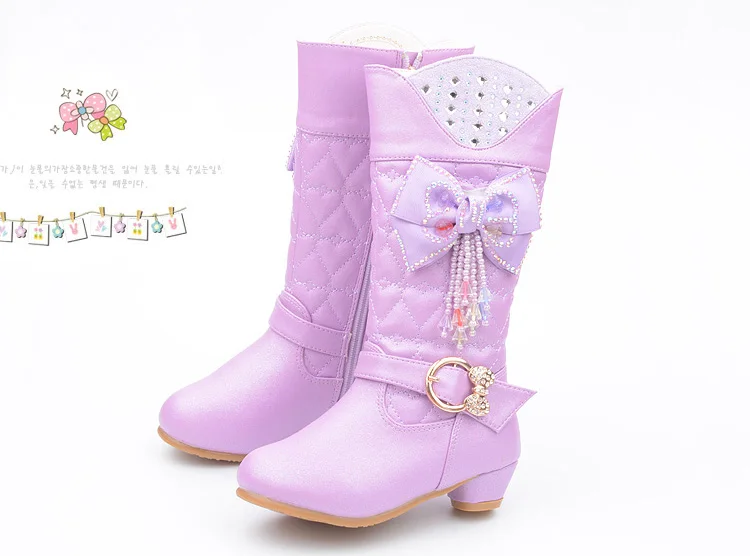 Г. Зимние сапоги принцессы на высоком каблуке с бабочкой и плюшем для девочек сапоги до колена блестящие туфли со стразами для вечеринки, розовые, кружевные