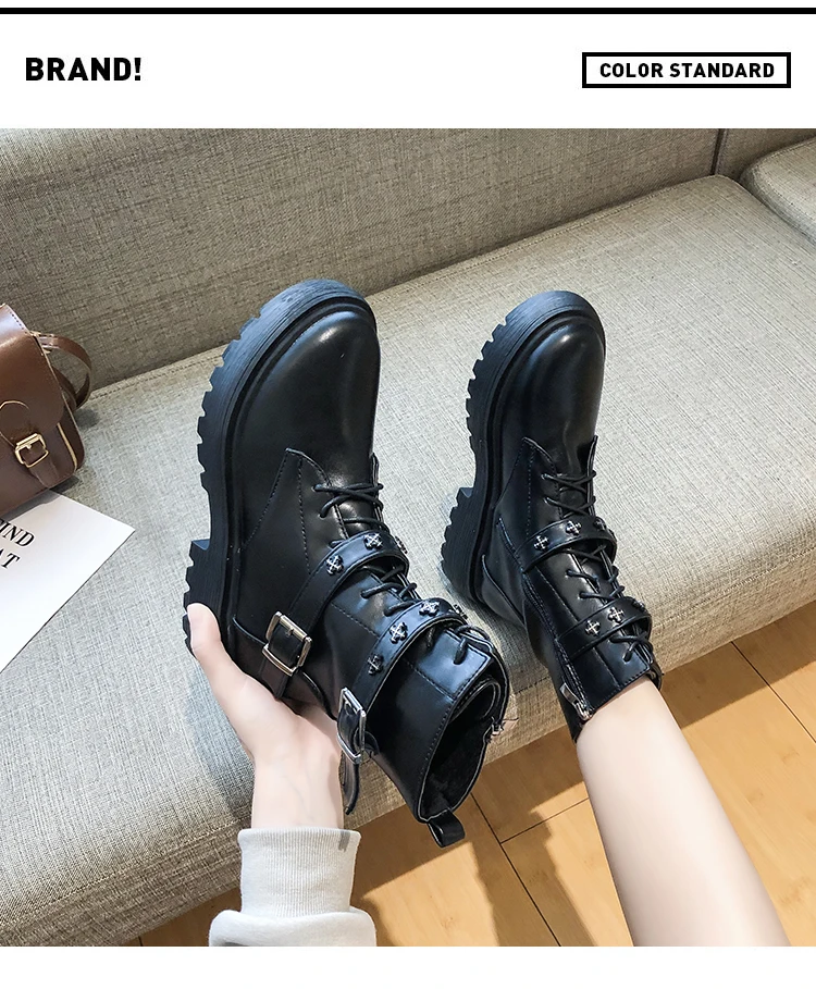 Autumn Ankle Boots Women Platform Boots Double Buckle Black Leather Martins Boots Punk Shoes Woman Thick Bottom Motorcycle Boots