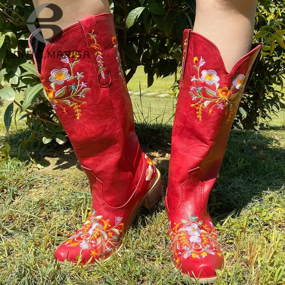 

BONJOMARISA Top Quality Brand Design Pointed Toe Floral Embroidery Chunky Heel Mid Calf Western Boots Vintage Riding Boots