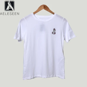 

AELESEEN Cotton White T-Shirt 2020 Summer Elegant Classic T-Shirt Virgo Beading Embroidery Leisure Casual T-Shirt