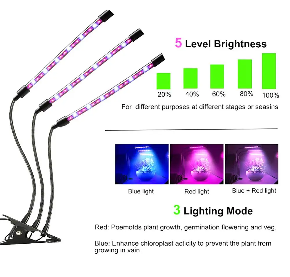 USB5V Dimming Timing Plant Lamp Adjustable Angle Clip Single Head/Double Heads / 3 heads Plant Growth Supplementary Light