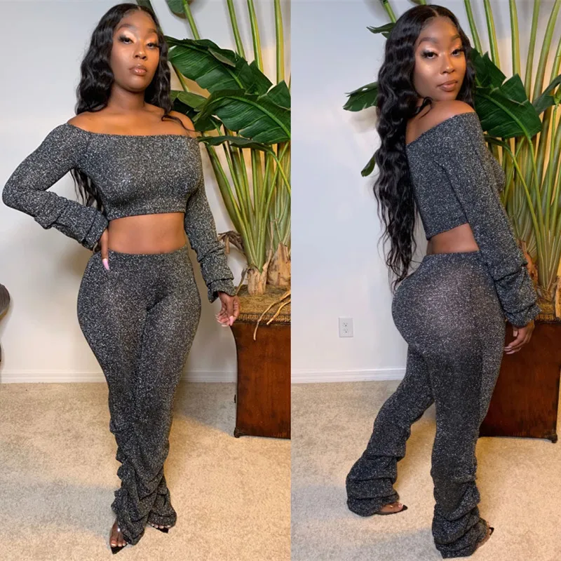 BKLD 2024 Solid Slash Neck Long Sleeve Two Piece Set Off Shoulder Crop Tops Long Pants Ruched Women Tracksuit Bodycon Clubwear 2024 summer womens dress temperament commuting fashion satin off the shoulder lantern long sleeve ruched waist a line mini dress