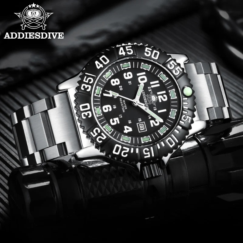 Addies Dive New Men Watch 316L Stainless Steel Strap Black Dial 50m Waterproof Watch Luminous Hand 51mm Alloy Case Sports Watch summer sports suit black and white lion 3d printed t shirt casual sports suit short men s retro brand shorts 2 pieces
