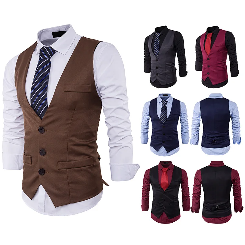 Стиль Мужская мода Slim Fit однорядные три пряжки сплошной цвет джентльмен костюм жилет M16