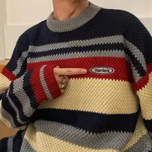 

apanese pullover for men grunge o-neck color-blocking striped sweater Korean version loose lazy knitted jacket retro style tops