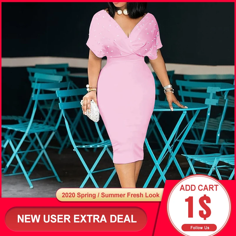 

Elegant Beading Summer Bodycon Dress 2023 African Women Pink Vestiods Fashion Office Ladies Midi High Waist Dress Whitees Party