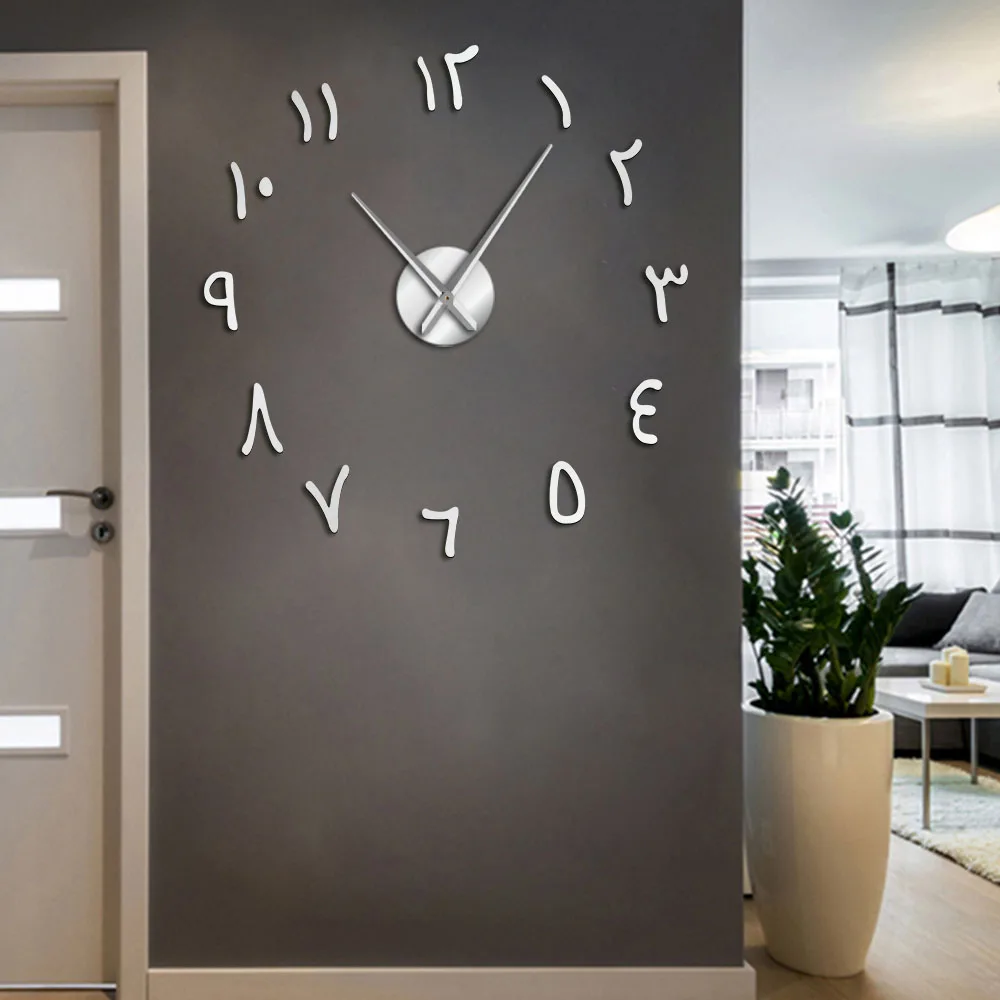 Wall Clock Arabic Numerals DIY Giant Wall Clock Arabic Numbers Acrylic Mirror Effect Stickers Frameless Large Silent Wall Watch Home Decor