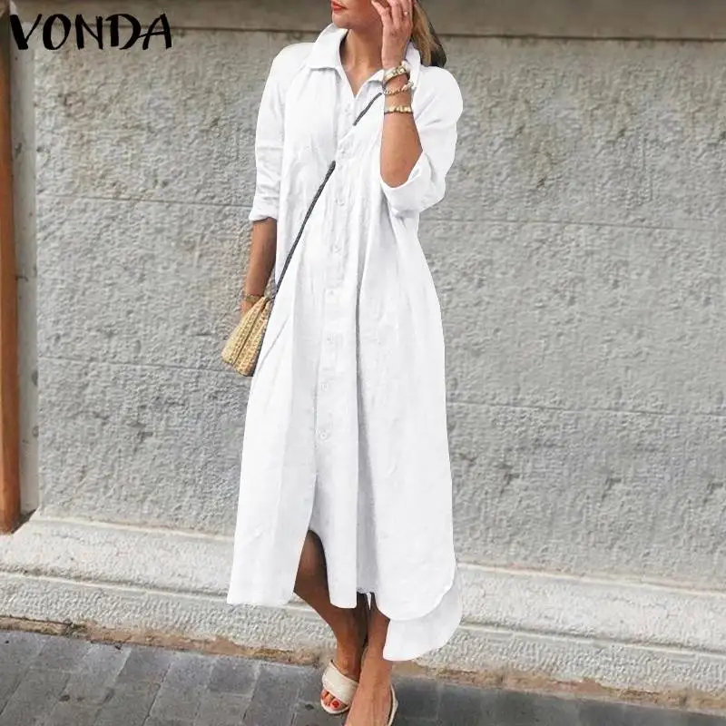 VONDA, женское платье, плюс размер, одноцветное, длинный рукав, макси, свободное платье, летний сарафан, богемный стиль, Vestidos, 5XL, Халат