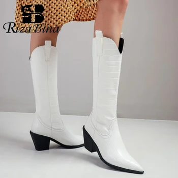 

RIZABINA Women Knee Boots Fashion High Heel Winter Shoes Woman Warm Sexy Pointed Toe Long Boots Office Daily Footwear Size 32-43