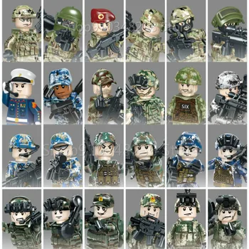 

6pcs/lot Military Building Blocks Army Air Force Navy WWII Camouflage Soldiers with Weapon Action Figures Bricks Toys for Boys