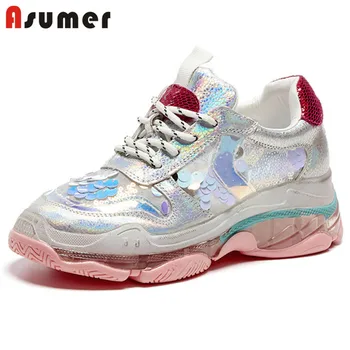 

Asumer 2020 Web Celebrity dad shoes women sneaker genuine leather sequin lace up flat platform shoes ladies Vulcanized shoes