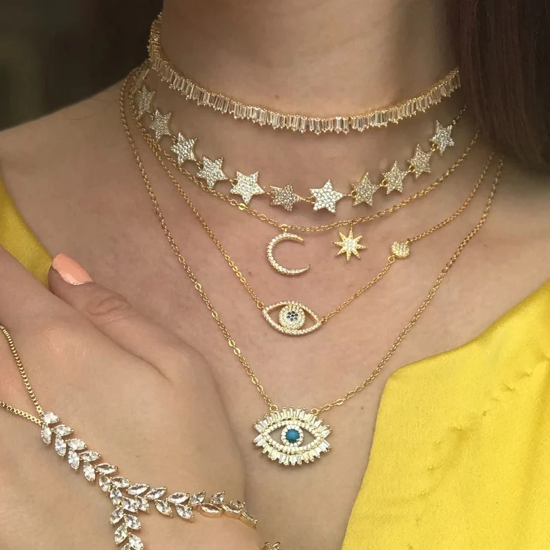 2021 Top Sell Gold Color AAA Cz Micro Pave Zircon Star Choker Chain Christmas Gift Necklaces & Sparkling Stars For Women | Украшения и