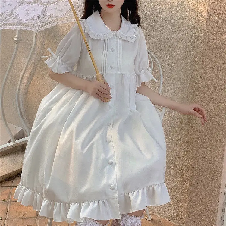 QWEEK White Kawaii Lolita Dress For Girls Soft Princess Fairy Peter Pan Collar Dress Japanese Style Cute Puff Sleeve Party Dress plus size dresses