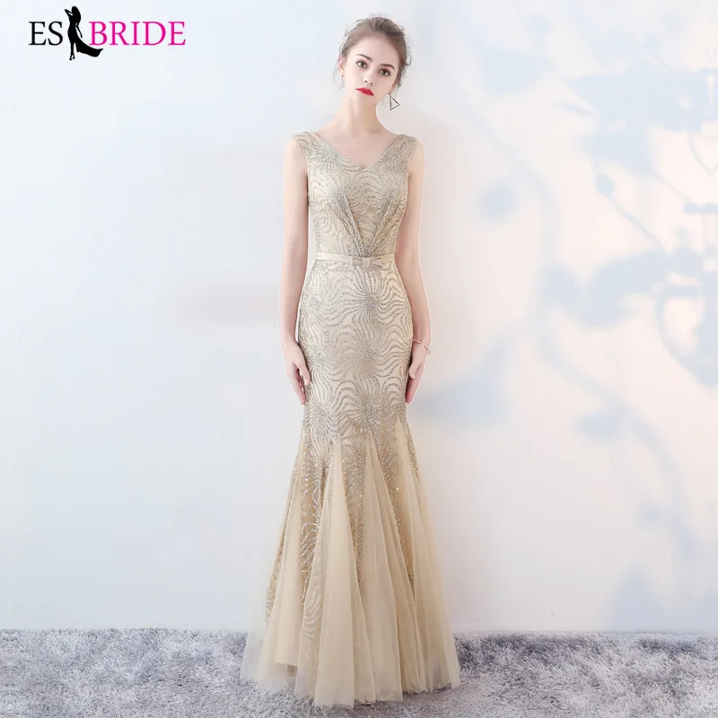 

Sexy Grey Gold Evening Dresses Long ES30006 Mermaid Double V-Neck Stretchy Simple Evening Gowns Abendkleider 2019