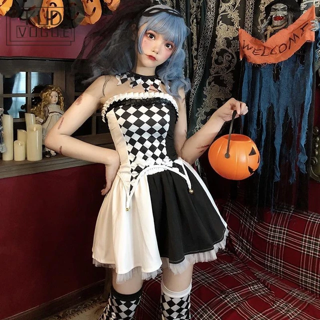 Nuovo Sexy di Halloween Gothic Abiti Senza Spalline Circo Vestiti di  Prestazione Costume Del Pagliaccio Griglia in Bianco E Nero Costumi Cosplay  Set - AliExpress