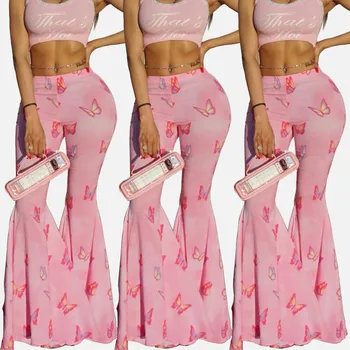 

Butterfly Print Pink Flare Pants Women Sweet Girls Dance Cute Trousers Female Party 2020 Spring Summer Casual Clothes For Woman