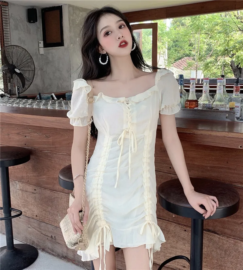 Элегантное обтягивающее винтажное платье vestidos Женская одежда летние оборки на шнурках с пышными рукавами и квадратным воротником Новые платья