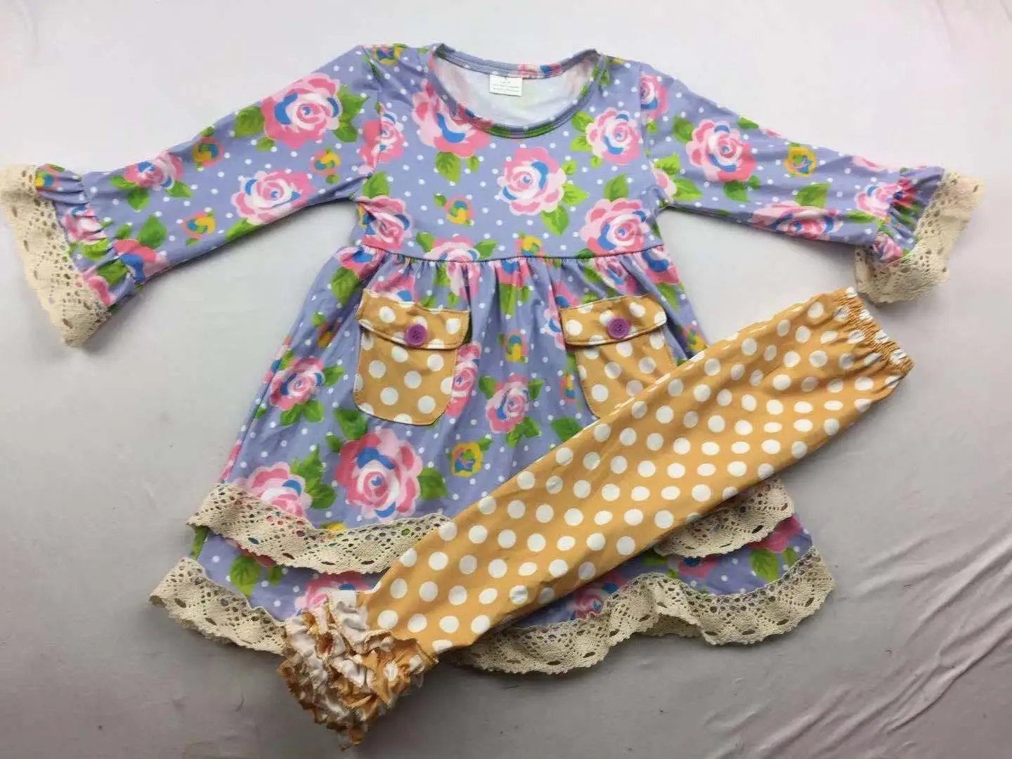2019Hot sale Fashion Kids Floral Outfits with two pockets lace top+polka dots pants Toddler baby child casual ware clothes
