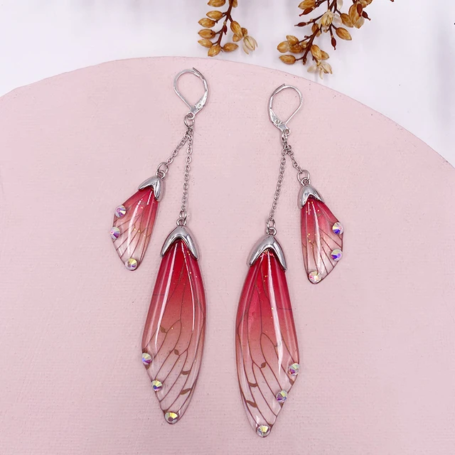 Fairy Resin Butterfly Earrings for Women Shining Crystal Flake Double Wing Long Drop Earrings Ladies Wedding Party Jewelry 2020 Silver-Red
