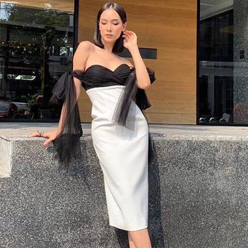 

2020 New Ladies Sexy Strapless Black And White Mid-Length Cloak Bandage Dress Designer Fashion Excellent Party Dress Vestidos