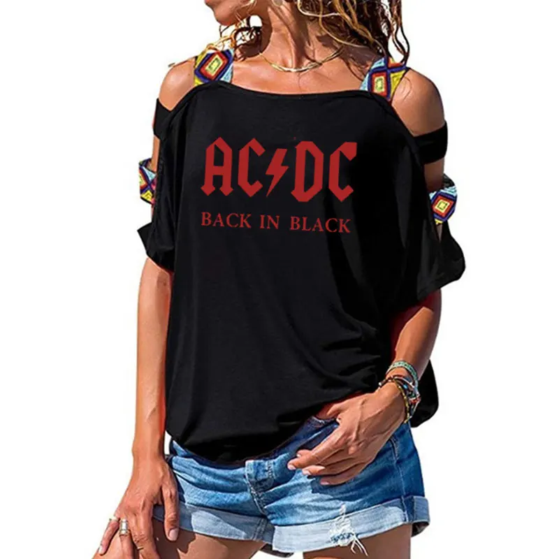 2 Группа ACDC футболка в стиле рок женские ACDC с буквенным принтом футболки хип-хоп рэп музыка короткий рукав сексуальные открытые плечи топы тройник - Цвет: 2
