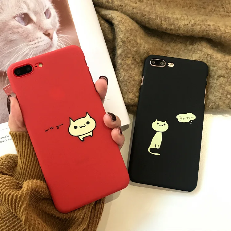 

Case Capa Coque Couple Phone Cases for IPhone X 6 6s 7 8 10 Plus 2018 Korean Cartoon Cute Cat Frosted Plastic Scrub Phone Cover