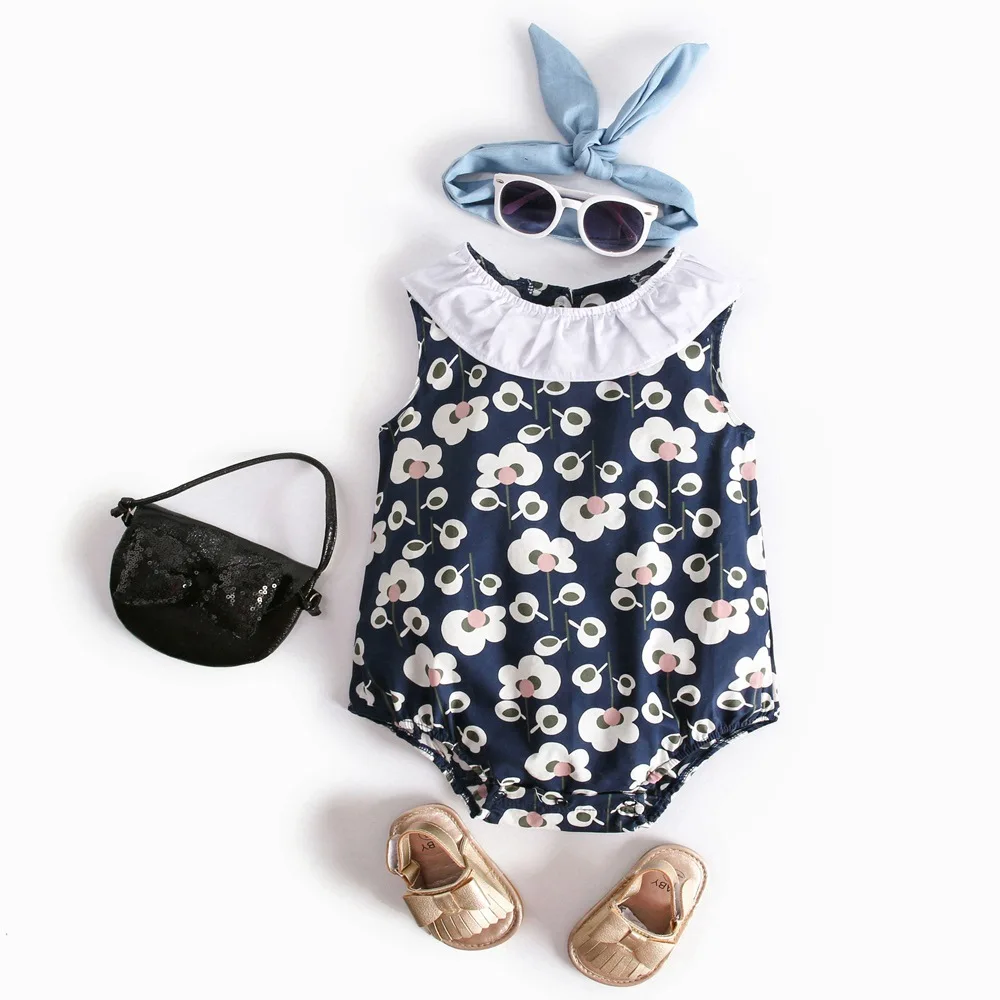 

VITO Baby Girls Bodysuits Summer Clothes for infant Girls Blue Ground Flora printting One-piece suit soft Sleeveless Bodysuit