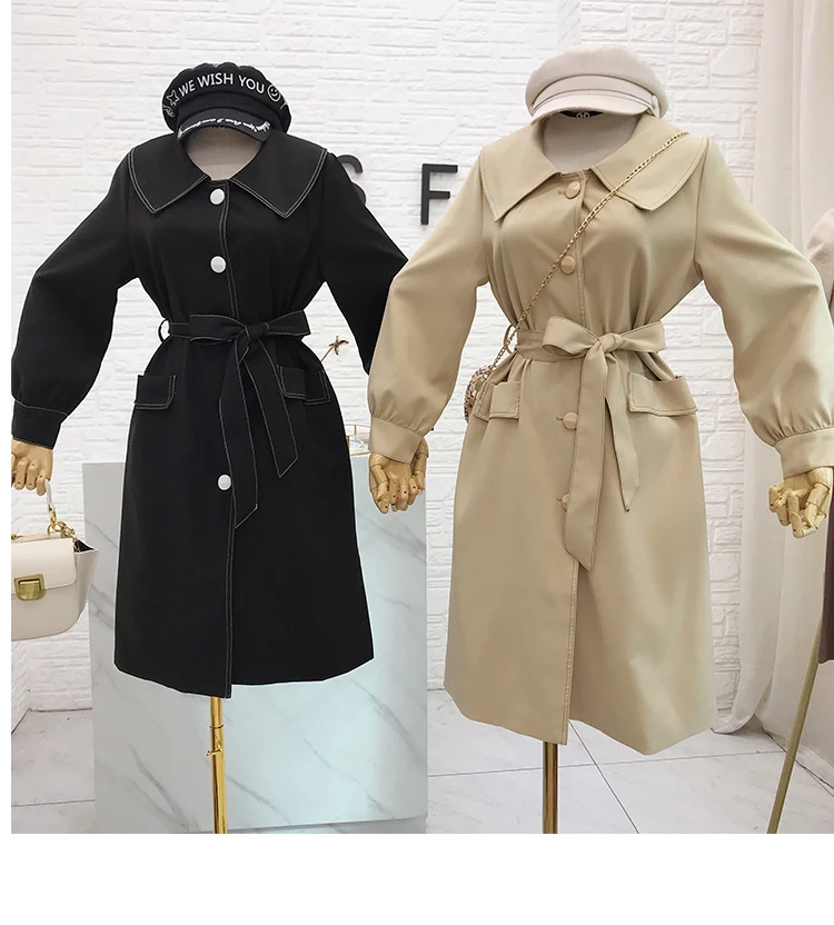 Женское длинное пальто с кукольным воротником, осень, новое корейское модное свободное однобортное пальто со шнуровкой, пальто для женщин