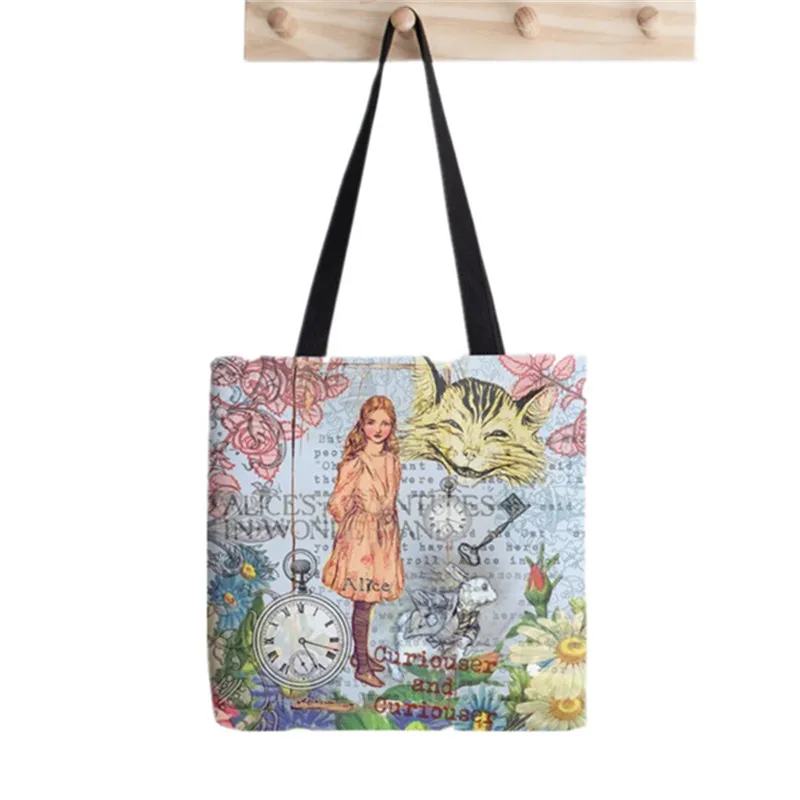 Shopper Alice In Wonderland Collage Painted Tote Bag women Harajuku shopper handbag girl Shoulder shopping bag Lady Canvas Bag