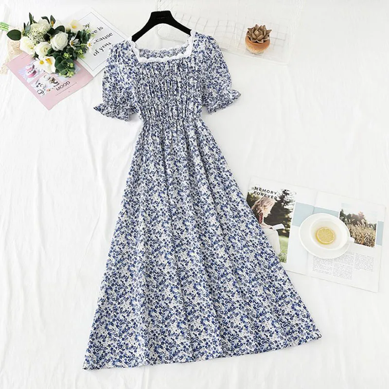 

2021 Summer Women Short Sleeve Floral slim Dress Vintage Square Neck Elastic waist Print Chiffon Long Dress