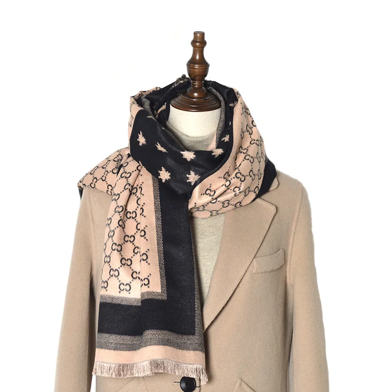 Luxury brand double-sided scarf women winter ladies warmth plus velvet shawl animal bee letter printing soft thin blanket photo