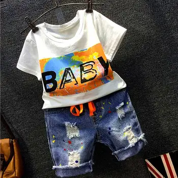 

Fashion Childrens Kids boys printing short sleeve T-shirt+Graffiti hole denim shorts 2pcs Clothing Sets baby boy cloehes Suits
