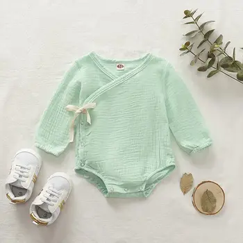 

Romper Long Sleeve Baby Girl Cute Cotton Stitching Knitted Square Collar Jumpsuit Newborn Spring Autumn Solid Color Bodysuit