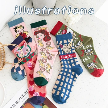 

Socks New Happy Ladies Cartoons Cat Animal Graffiti Novelty Socks Combed Cotton Tide Socks Round Neck Socks