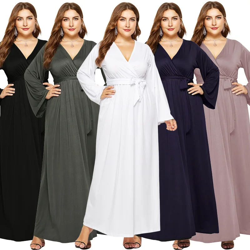 

2019 Autumn Large Size Dress Irregular Personality Solid Color Sexy Long Sleeve Deep V Women Dress Five Colors Optional