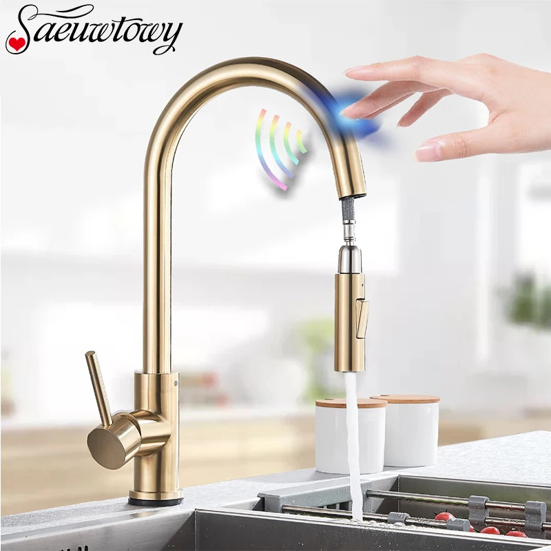 

Brushed Gold Touch Kitchen Faucet Pull Out Sensor Touch Kitchen Faucet Crane Double Water Mode Mixer Faucet Battery Power