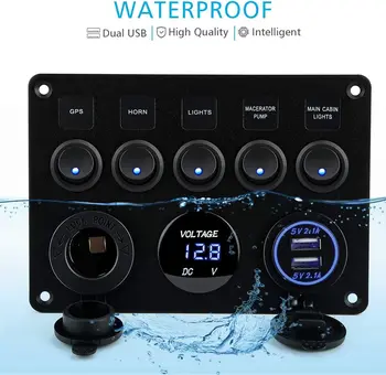 

hm Marine Ignition Toggle Rocker Switch Panel Dual USB Socket Charger 4.2A + LED Voltmeter + 12V Power Outlet + 5 Gang ON-Off To