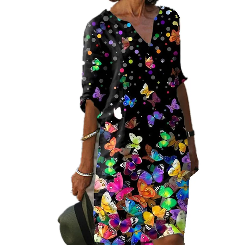 Vestido holgado informal de primavera-verano con estampado Floral, traje holgado Vintage para mujer, cuello en V, 5XL