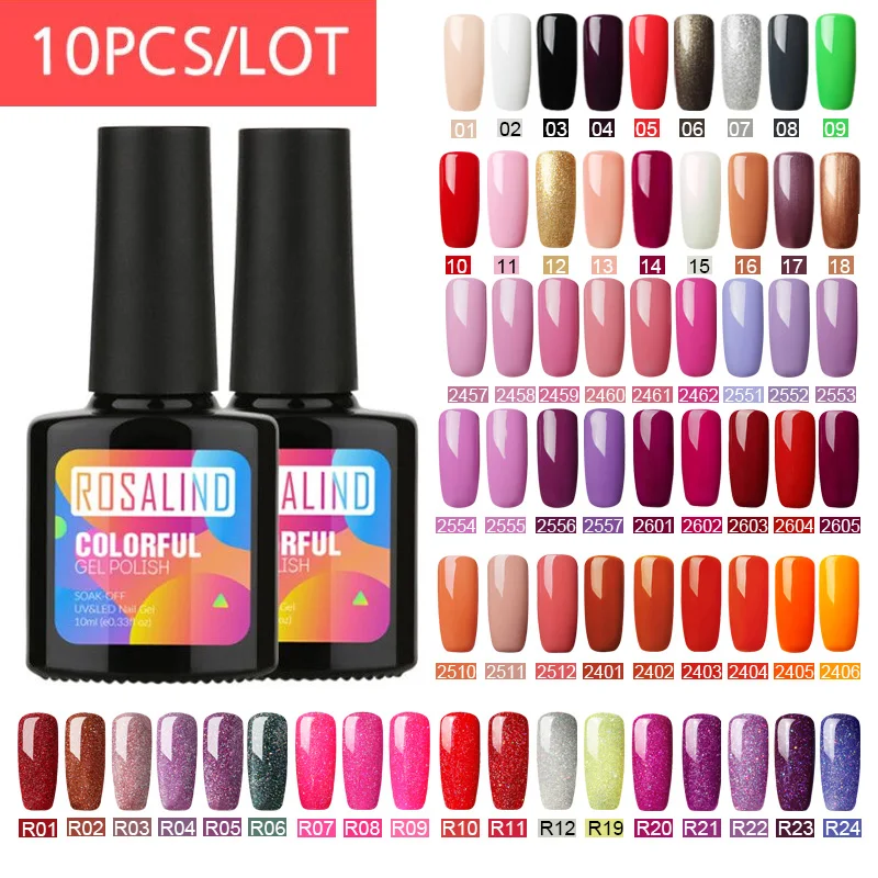 

(Choose 10)ROSALIND 10ML Gel Nail Polish Set Fresh Color Soak off UV Nail Art Manicure Primer Nails Gel Polish Varnish Kit