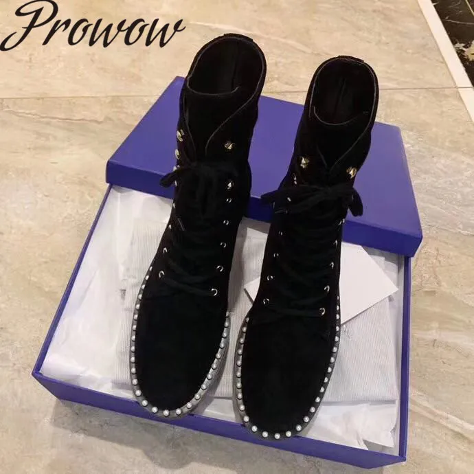 

Prowow New Runway Suede Leather Gladiator Lace Up Ankle Boots Round Toe Low Heel Pearl Beading Autumn Winter Boots Women