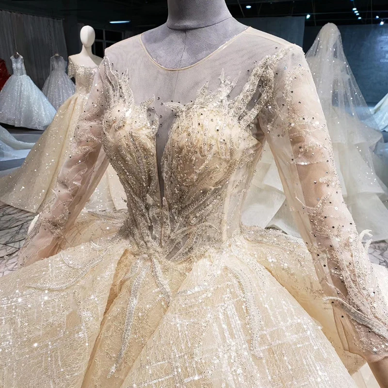 HTL1022 роскошное свадебное платье цвета шампанского с длинным рукавом и О-образным вырезом, сексуальное с открытой спиной и аппликациями невеста, свадебное платье нового дизайна robe de mariage