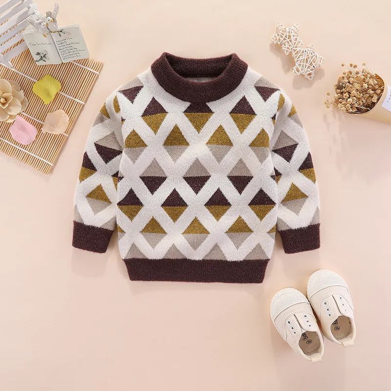 Autumn& Winter Girl& Boy Warm Sweaters O-Neck Leisure Plaid No Access Control Knitted Tiny Cottons Tops Ribbed Sweater M - Цвет: Коричневый